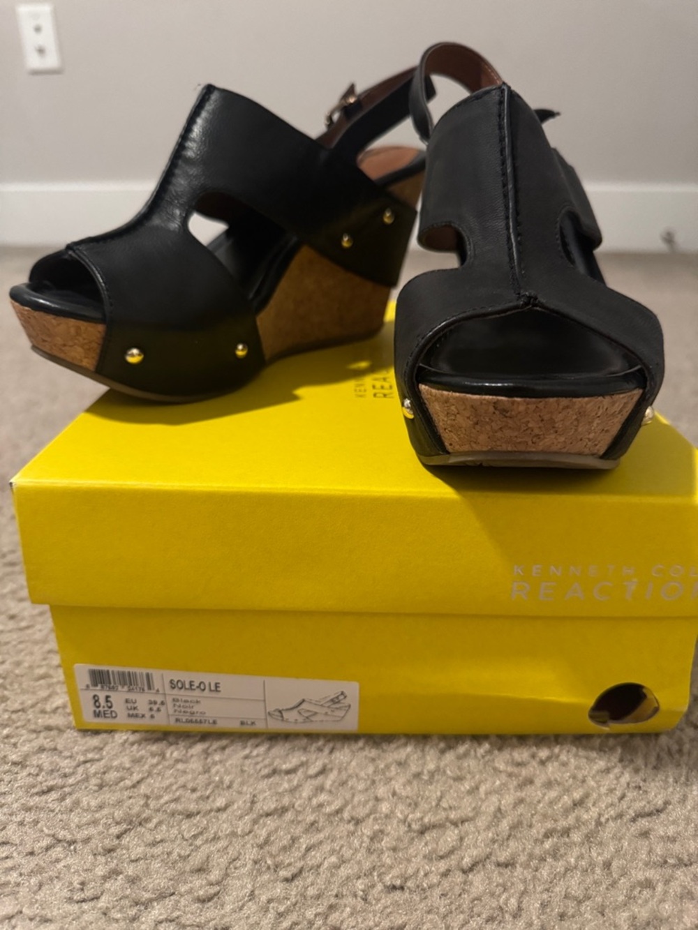 Kenneth Cole Reaction Black Leather Cork Wedge Sandals